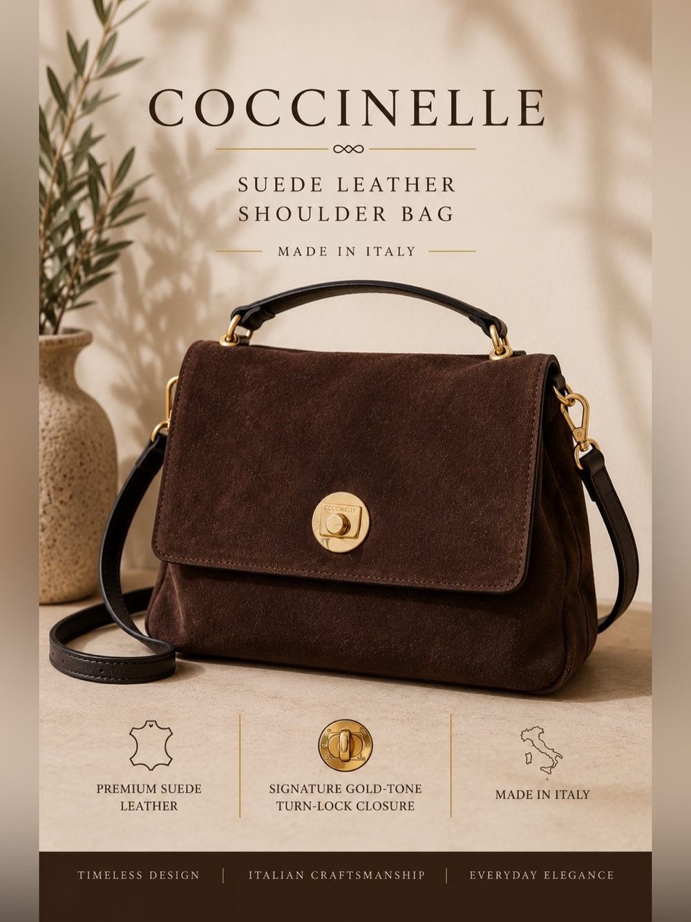 Coccinelle Suede & Leather Convertible Shoulder Crossbody Bag Brown Gold Italy
